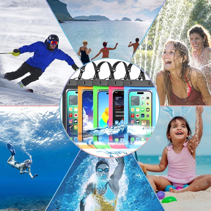Famoby Up to 8.3" 5 Pack Multicolor Universal Waterproof Phone Pouch, Phone Waterproof Case Dry Bag,Protection Level: IP68,Outdoor Sports for Apple iPhone,Samsung,and More,Black,Blue,Pink,Orange,Green - Image 2